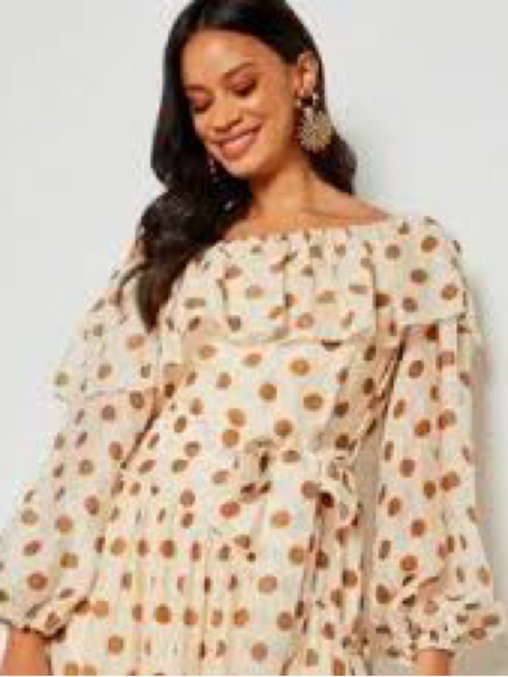 Off-Shoulder Cream Polka Dot Maxi Dress With Ruffles and Belt by Mango Size M - Picture 4 of 9